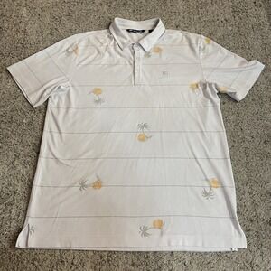 Travis Mathew Polo Shirt Mens XL White Striped Palm Tree Sunset Golf FLORIDA